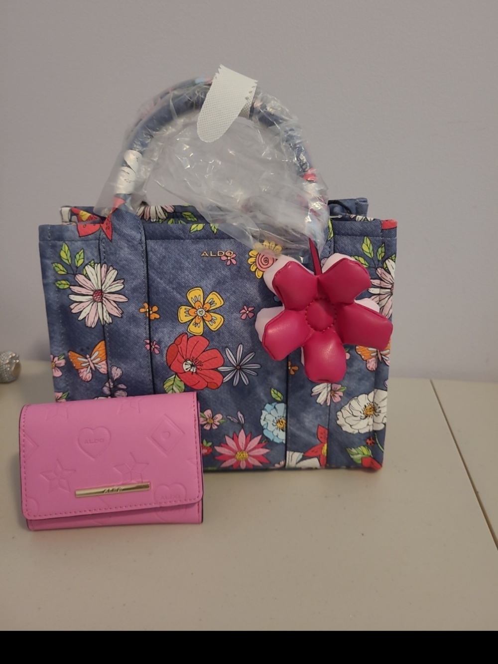 Aldo Floral Denim Tote with Pink Flower Charm